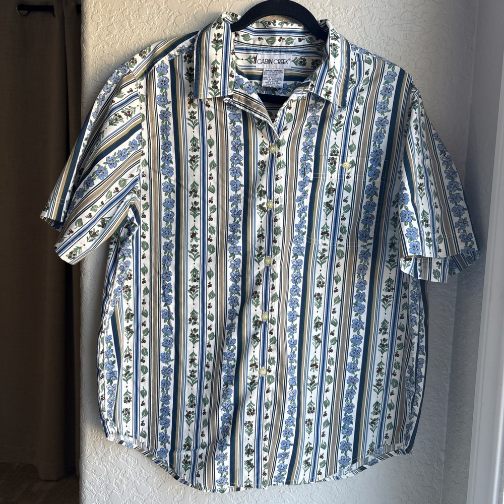 Cabin Creek Womens L Vintage Button Front Shirt Floral Striped Blue Cottagecore